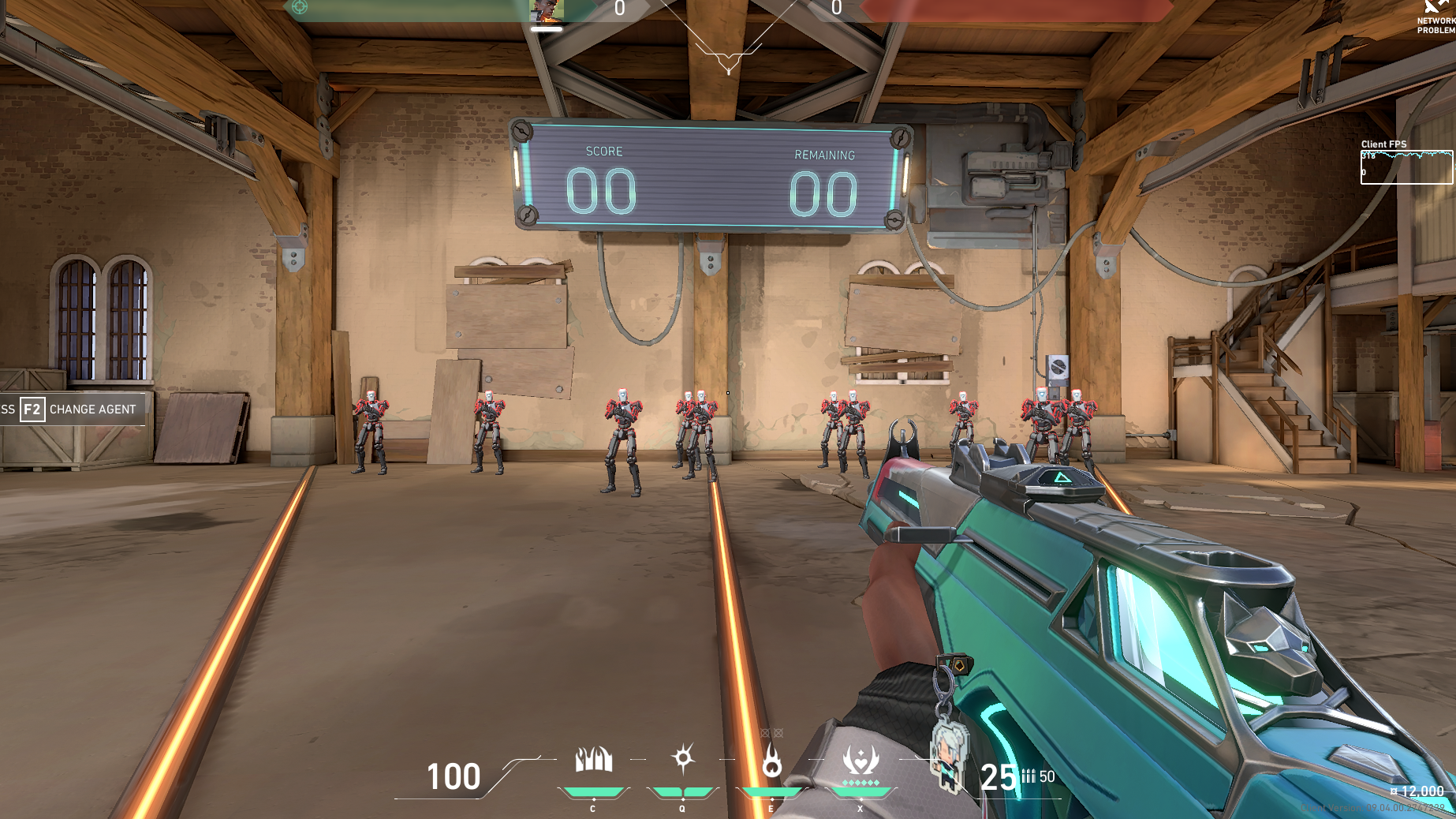 A screen shot of VALORANT, an FPS, where the player is facing bots in the practice range